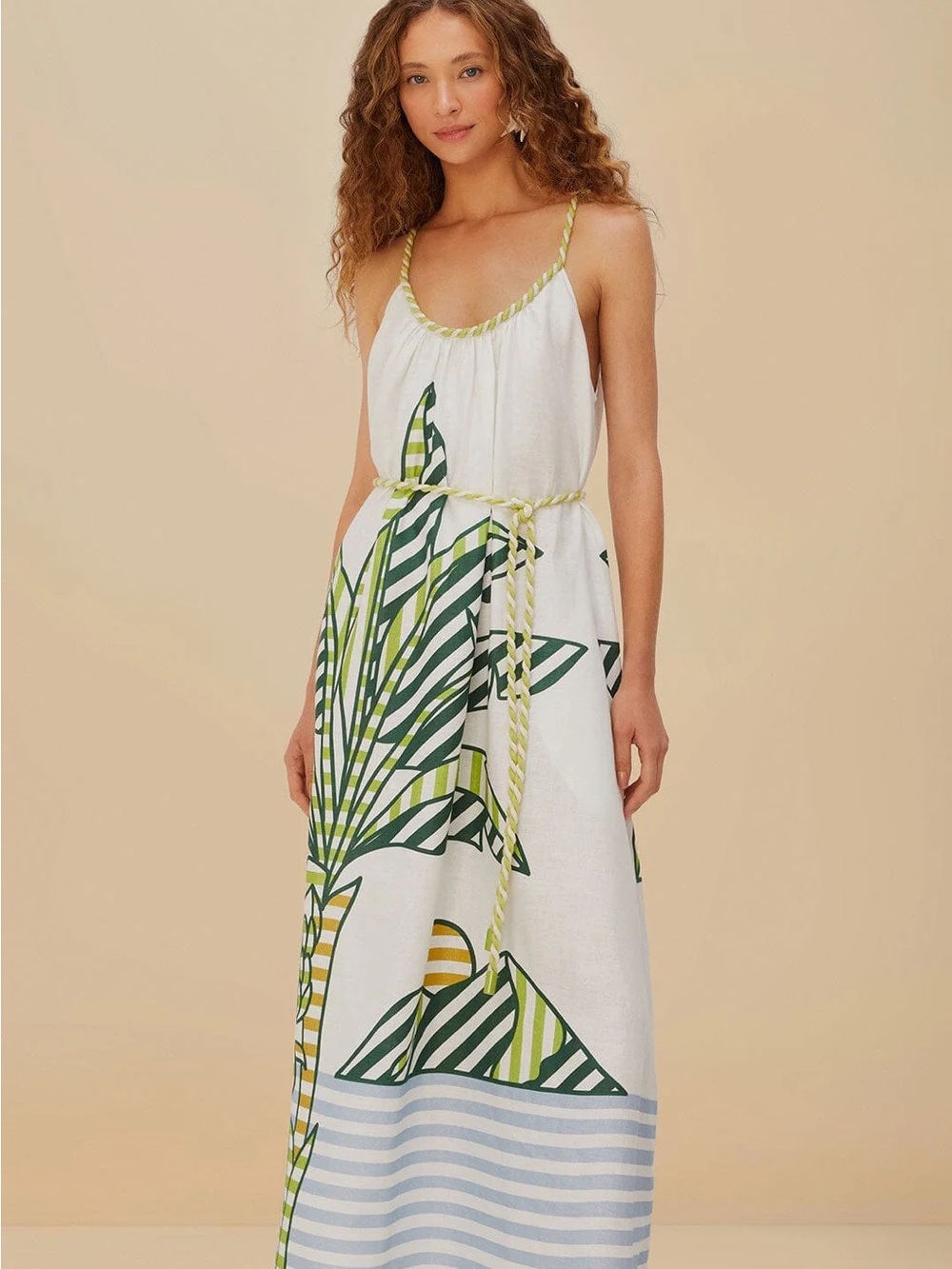 NWT FARM Rio White Maxi Dress (S) with Green Palm Print and Yellow Rope Details